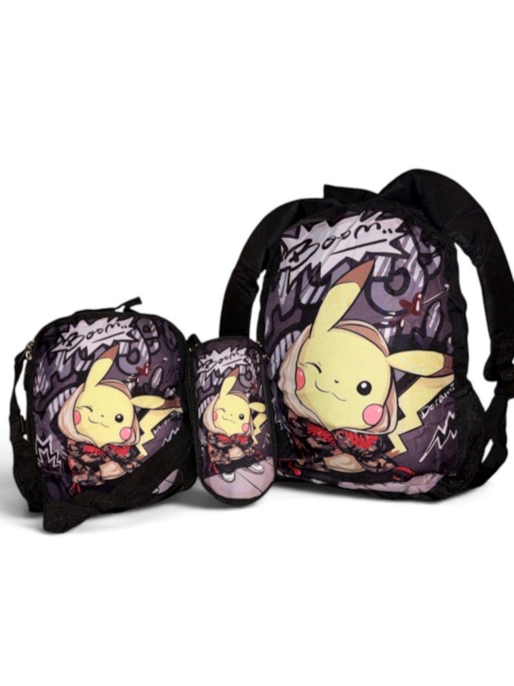Pikachu Kids Backpack, Lunch Bag & Pencil Case Set - Black